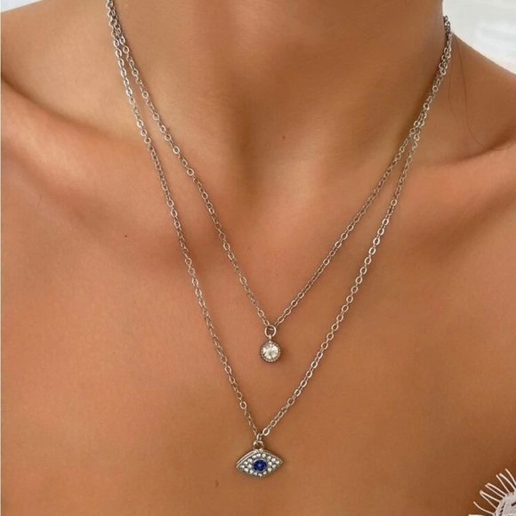 Blue Evil Eye Layered Silver Necklace - Picture 6 of 12